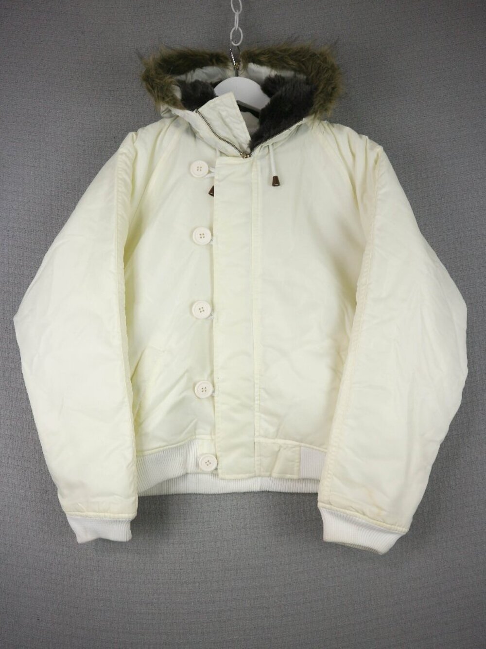 Elana Collection Faux Fur Hooded Bomber Jacket Womens Large Cream Off White